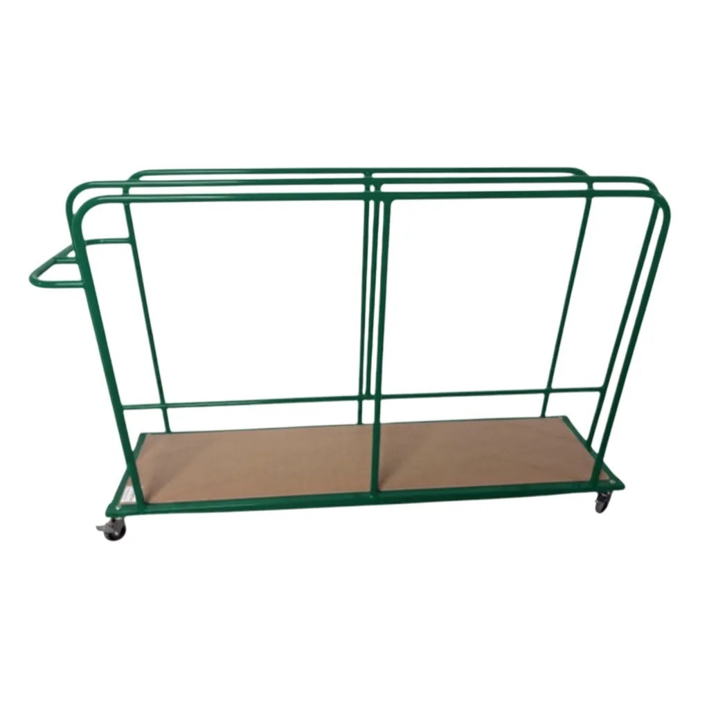 UK Gym Pits green metal vertical mat trolley with heavy duty castors for gym equipment storage and transport