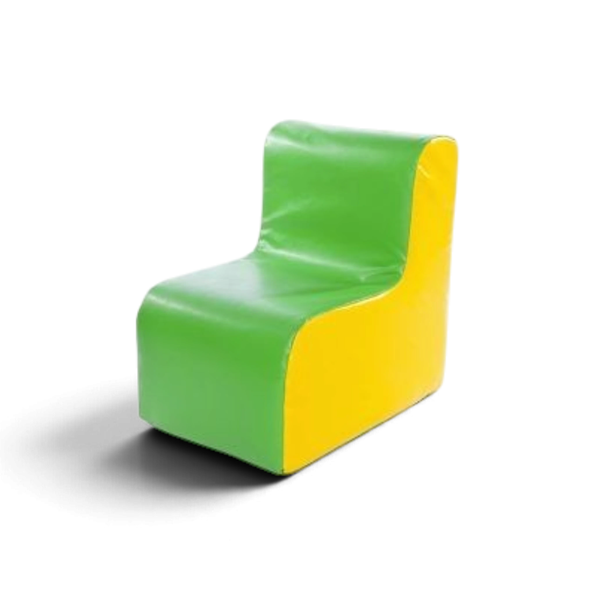 UK Gym Pits soft play chair in green and yellow vinyl, made from durable foam for schools and nurseries.