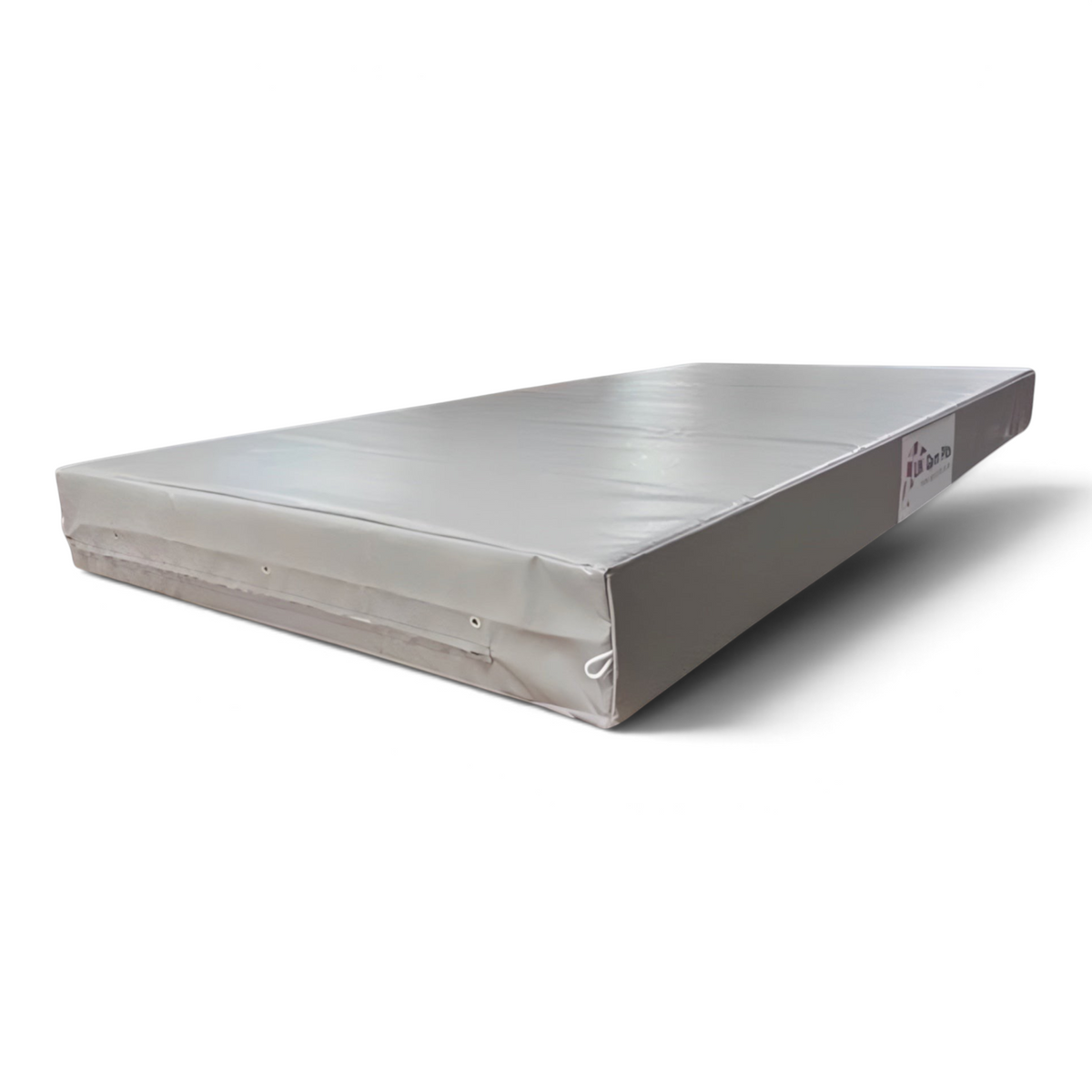 UK Gym Pits grey crash mat with reinforced PVC cover, breather holes, and side handles for gymnastics and parkour.