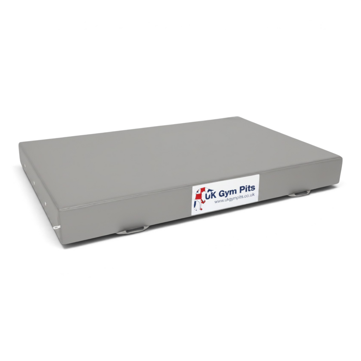 UK Gym Pits grey rectangular crash mat with reinforced PVC cover, side handles, and breather holes for gymnastics
