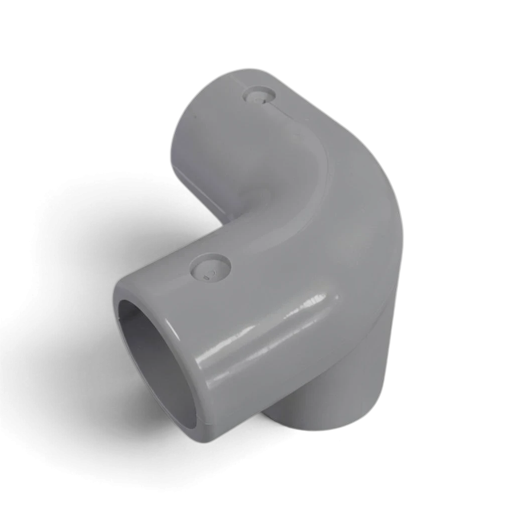 UK Gym Pits grey GRP 3-way top corner connector for handrail systems with flush-mounted fixing points.