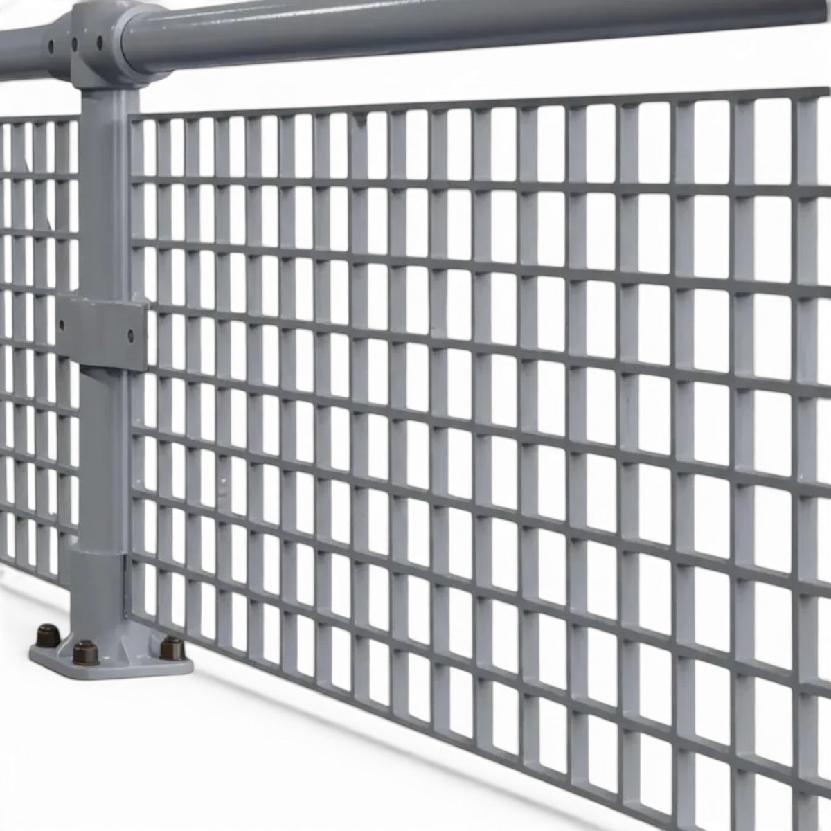 UK Gym Pits grey GRP 4-way middle corner connector for handrail system attached to a vertical post and mesh panel