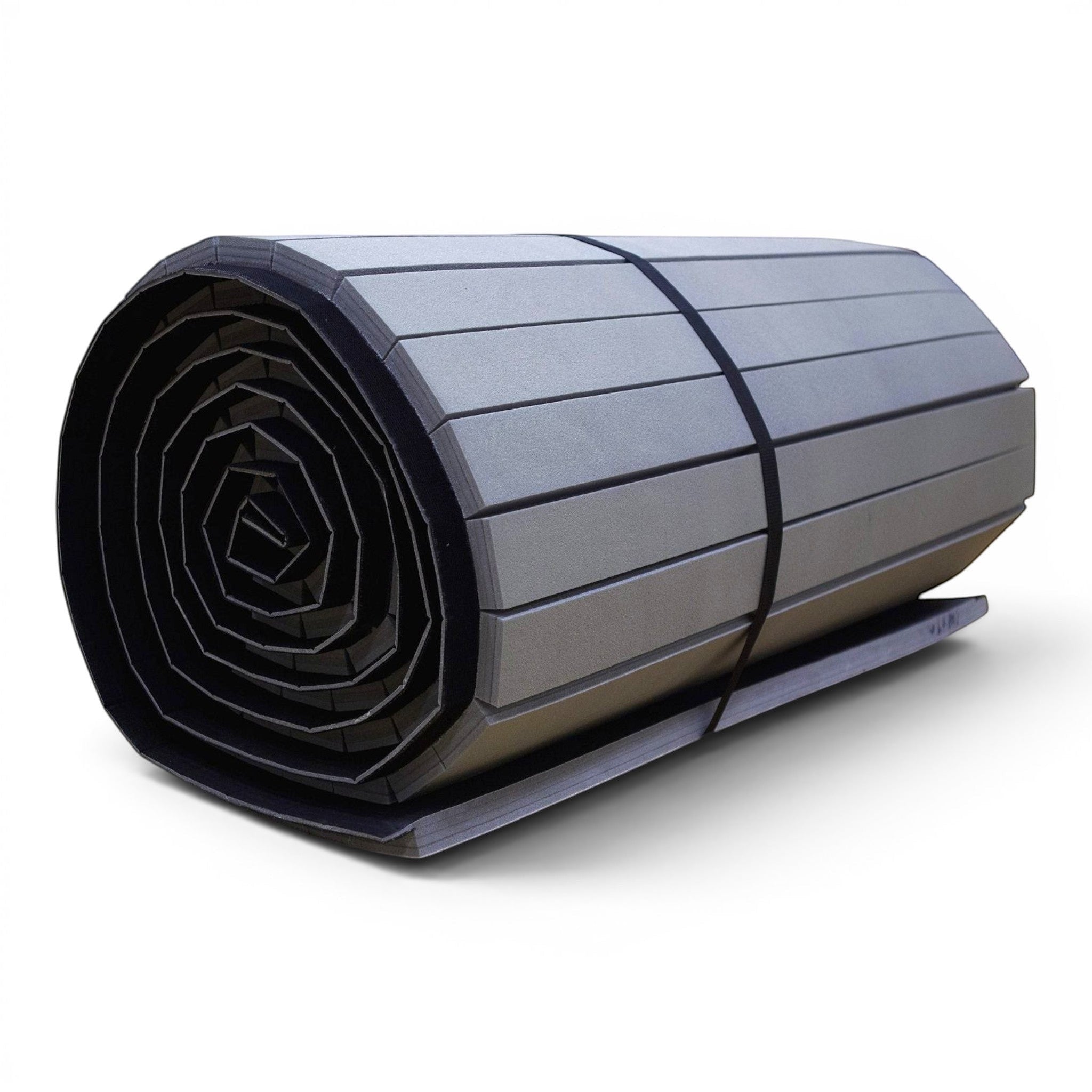 UK Gym Pits grey hybrid roll-out mat with tatami-style PVC surface and shock-absorbing XPE foam for gym flooring.