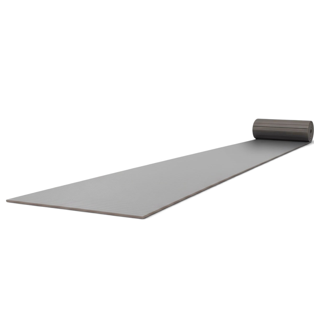 UK Gym Pits grey hybrid gymnastics mat roll with a durable tatami-textured PVC surface for shock absorption.