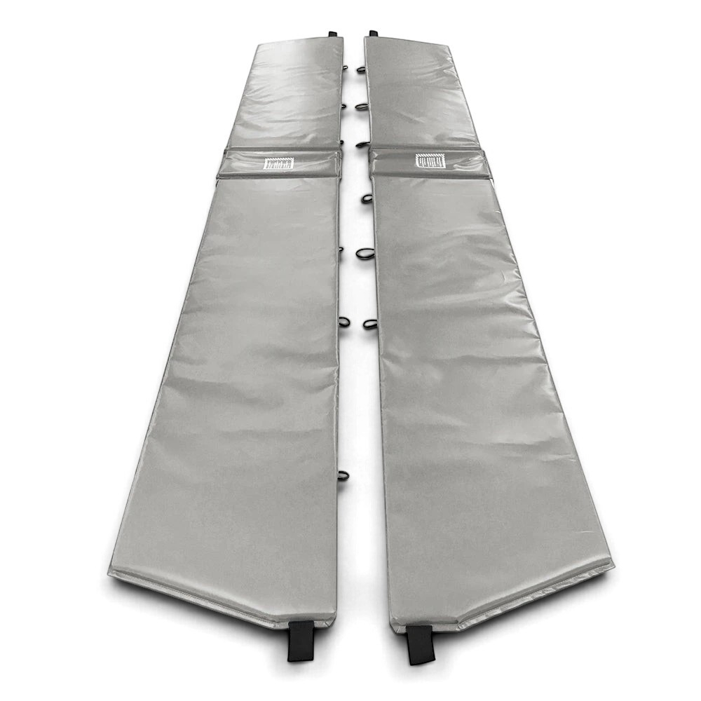 UK Gym Pits grey PVC replacement frame pads for mini trampolines, featuring 2.5cm thick foam and lacing attachments.