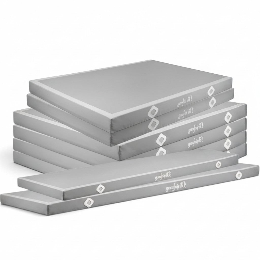 UK Gym Pits grey Gaofei parallel bars landing mats stacked, featuring durable PVC vinyl and Velcro locking system.