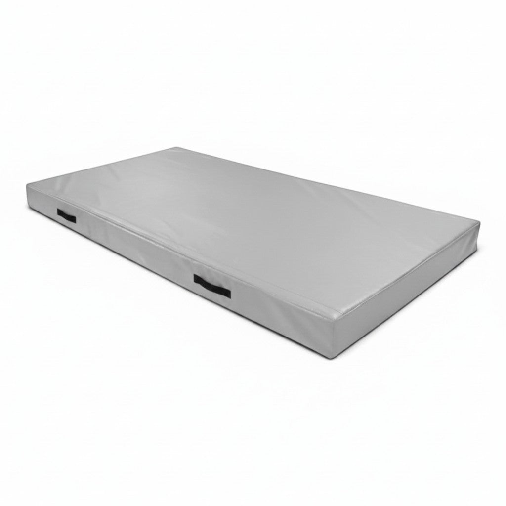 UK Gym Pits grey PVC push-on safety mat for trampolines with side carry handles and flame retardant foam core