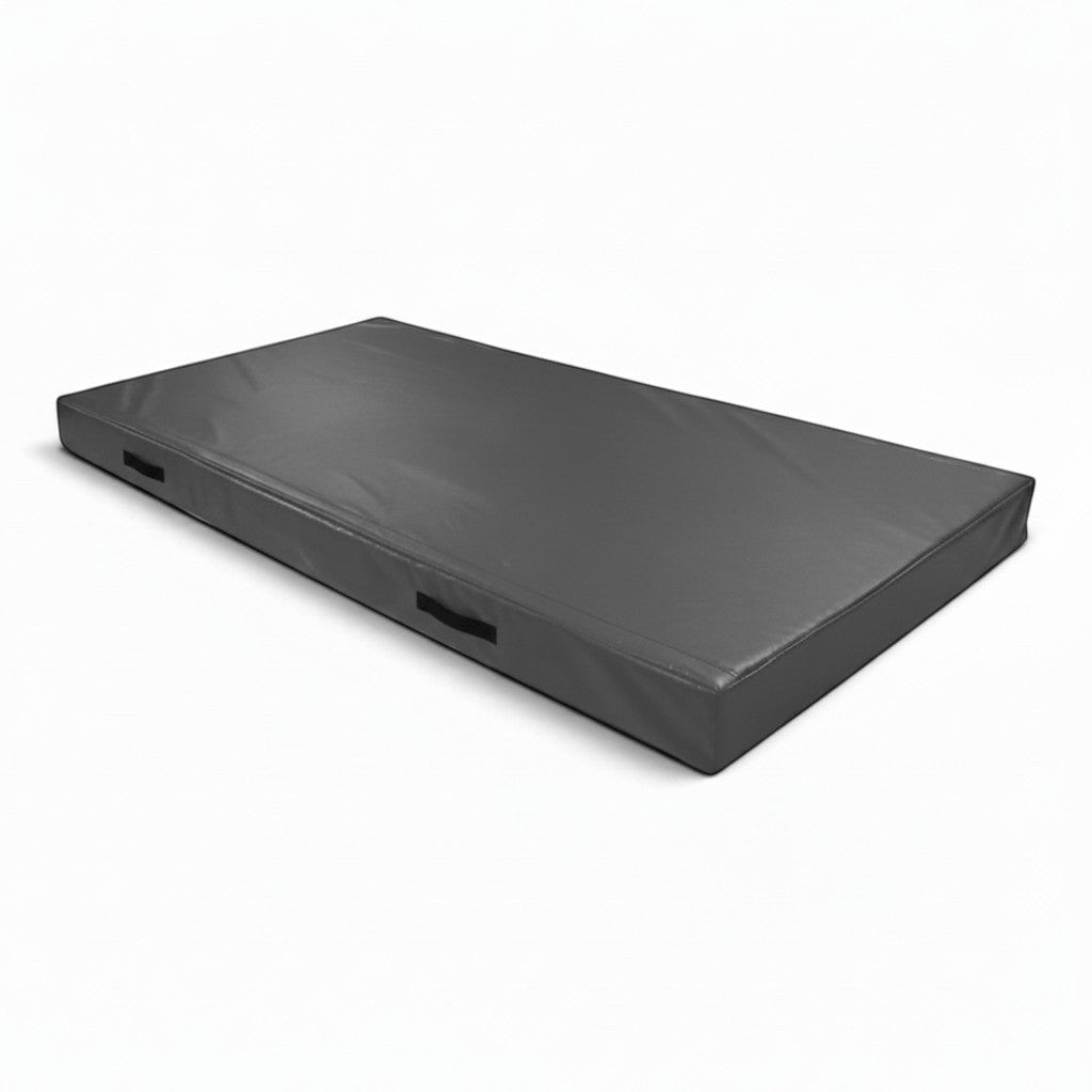 UK Gym Pits grey push-on safety mat with reinforced PVC cover and side carry handles for trampoline landing support