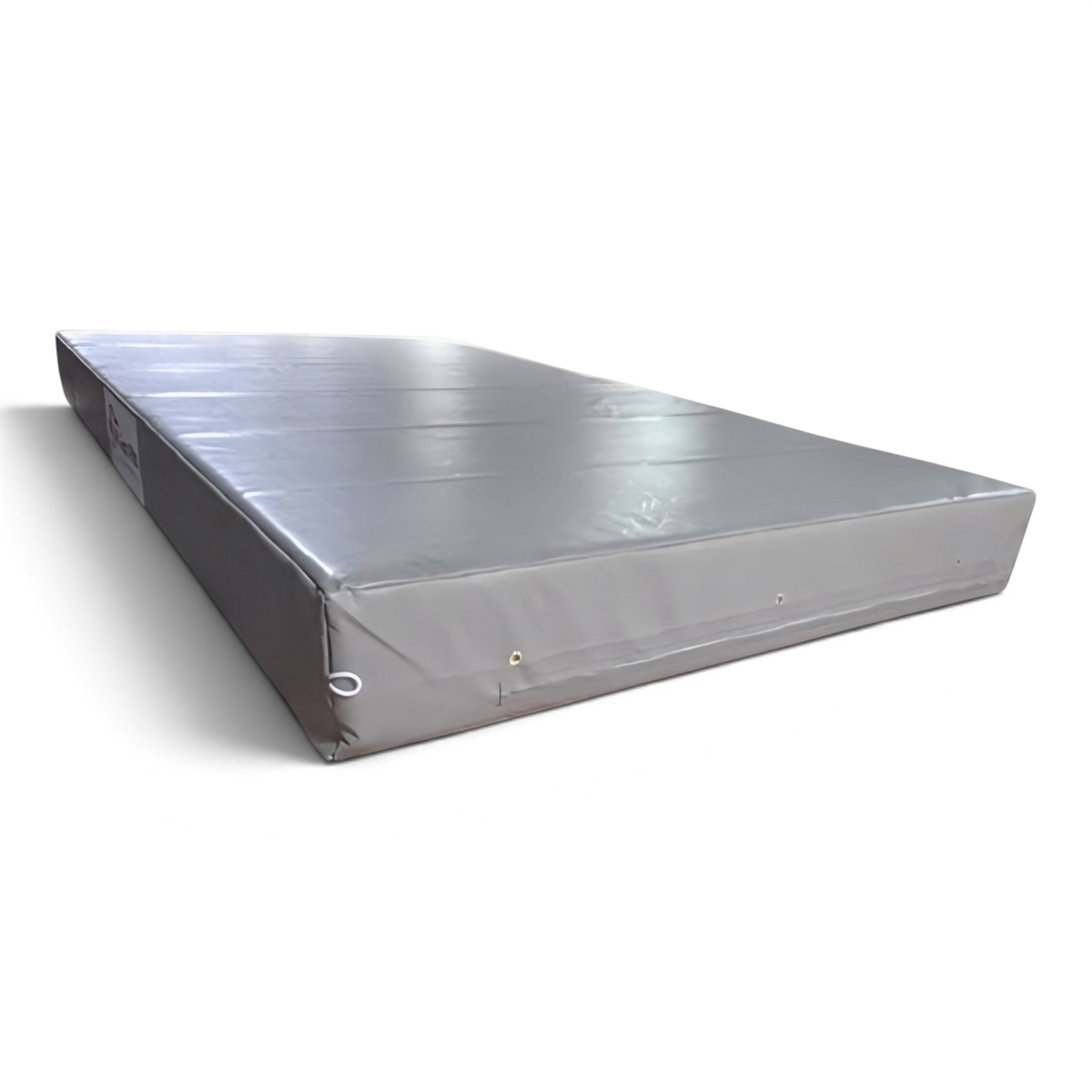 UK Gym Pits grey heavy-duty PVC crash mat with breather holes and reinforced handles for gymnastics and sports safety.