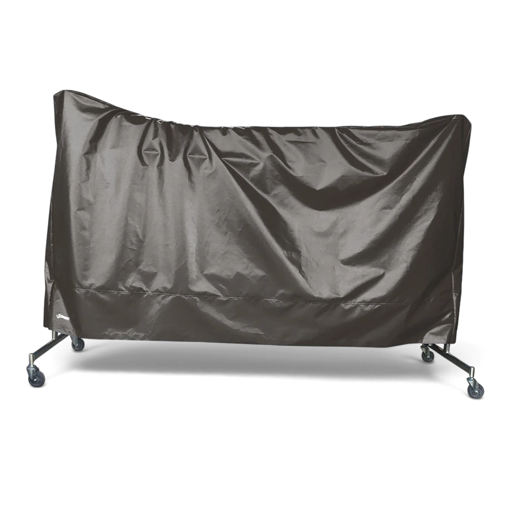 UK Gym Pits grey tear-resistant PVC trampoline dust cover protecting a trampoline on wheels against a black background