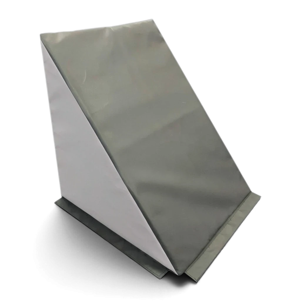 UK Gym Pits grey and white wedge-shaped foam ninja step for parkour and obstacle course training.