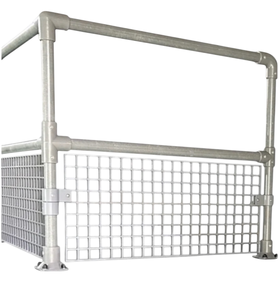 UK Gym Pits grey GRP adjustable swivel bend connector for handrail systems on a safety railing with mesh infill