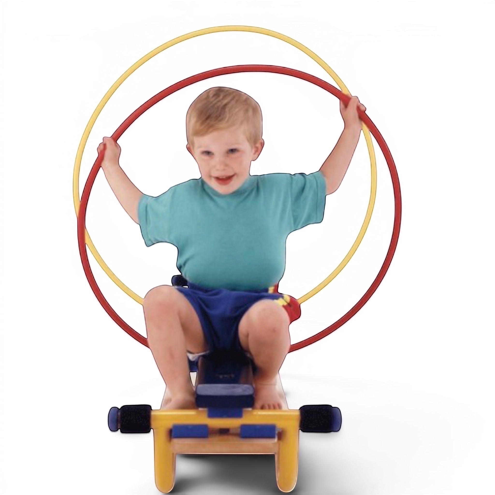 UK Gym Pits balance bench holding large red and yellow Gym Time Hoops.