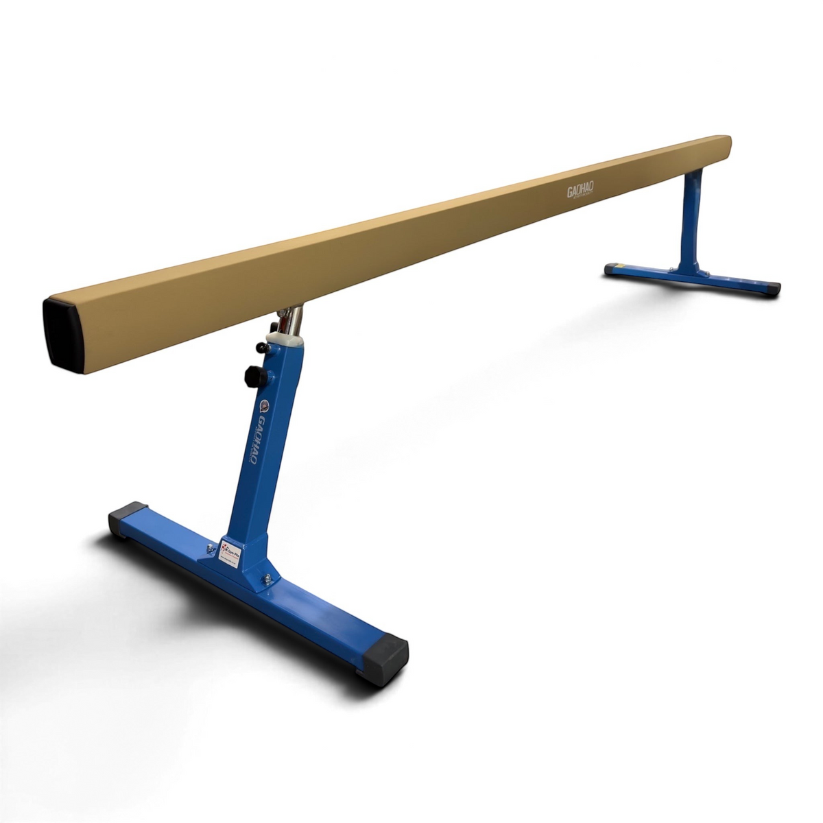 UK Gym Pits FIG approved gymnastics balance beam with tan PU leather surface and adjustable blue steel legs.
