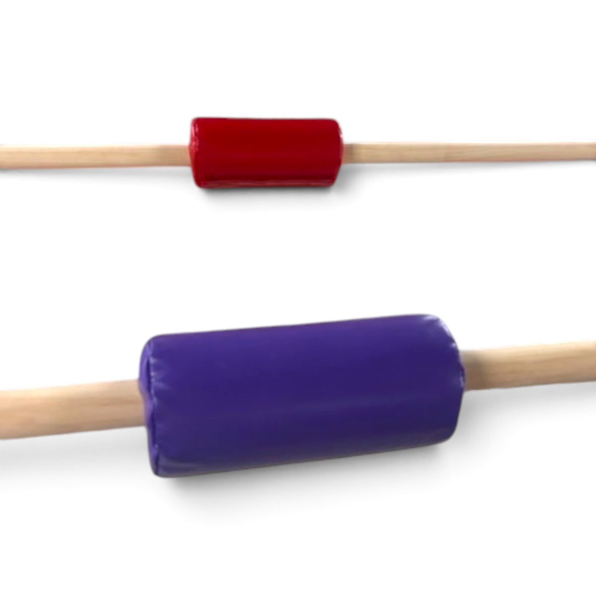 UK Gym Pits gymnastics bar padding in red and purple vinyl, featuring a secure Velcro closure for training bars.