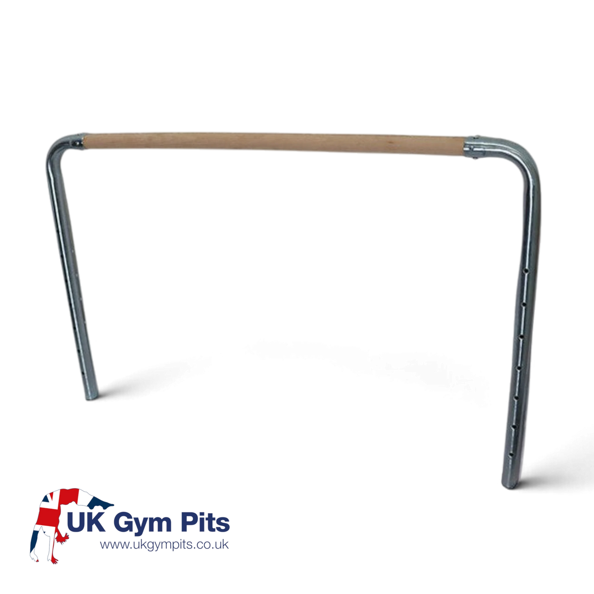 UK Gym Pits replacement gymnastics bar assembly with a wooden rail and adjustable metal side supports