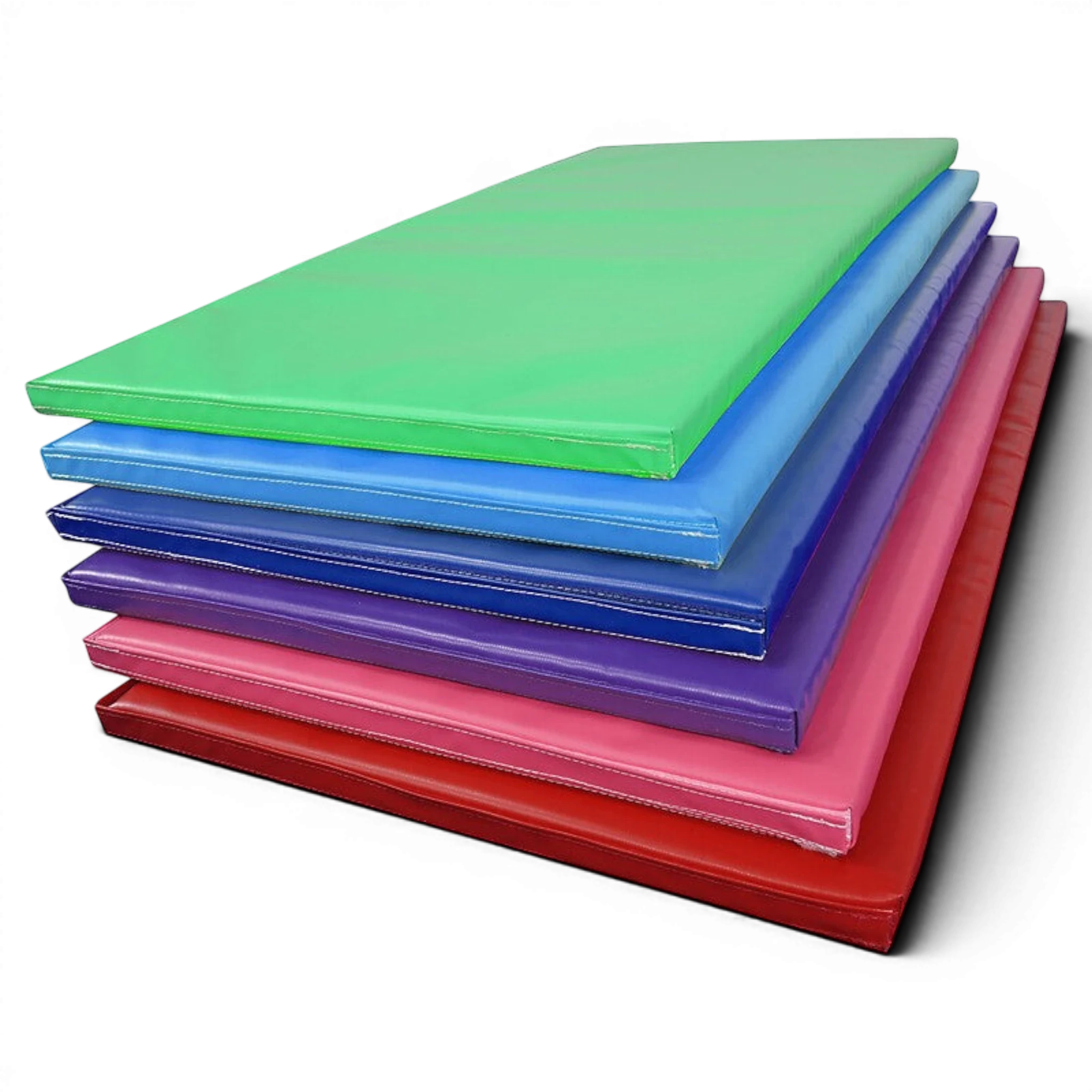 UK Gym Pits stack of colourful rectangular gymnastics build-a-mat panels in green, blue, purple, pink, and red vinyl.