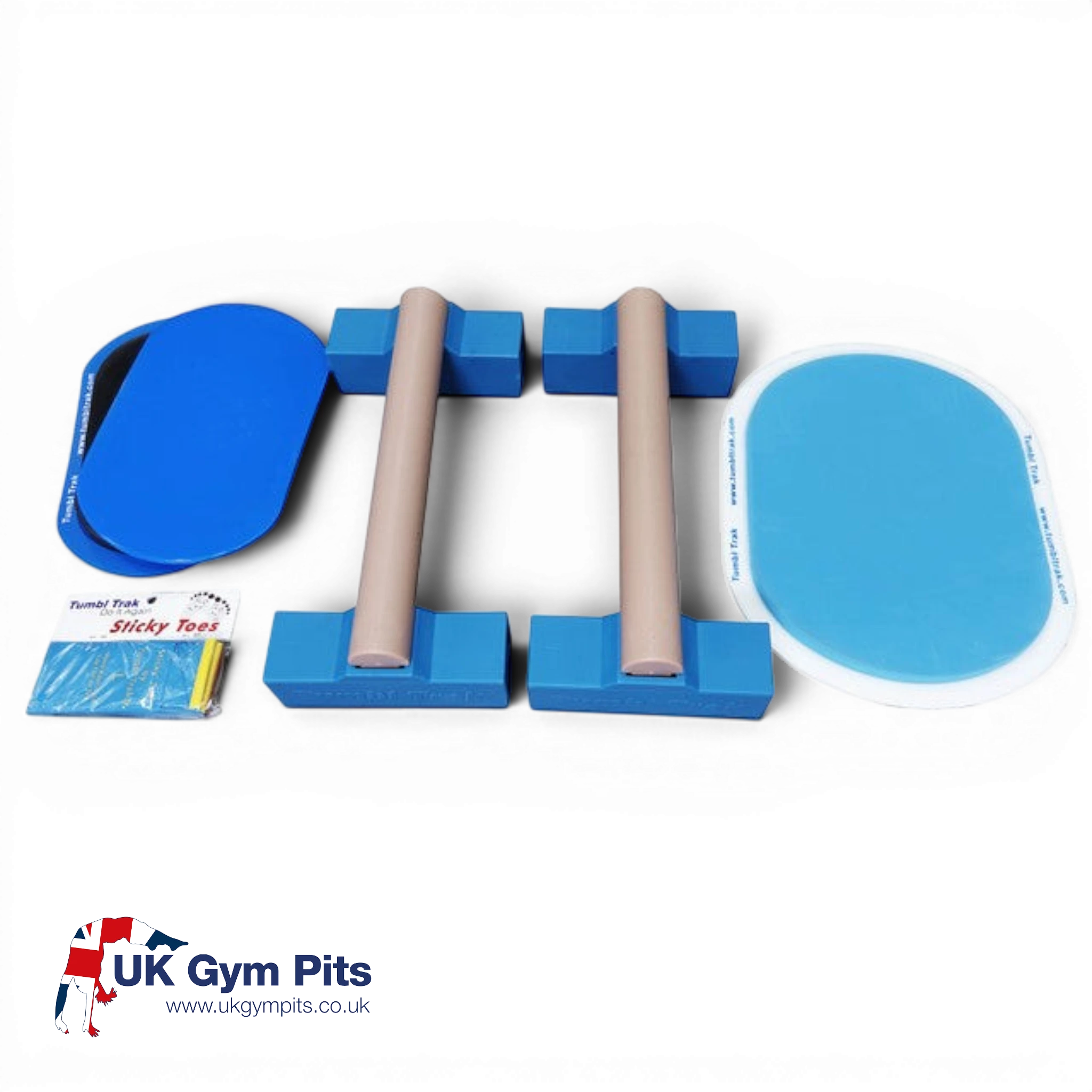 UK Gym Pits gymnastics essentials package featuring portable parallettes, standard and large sliders, and sticky toes.