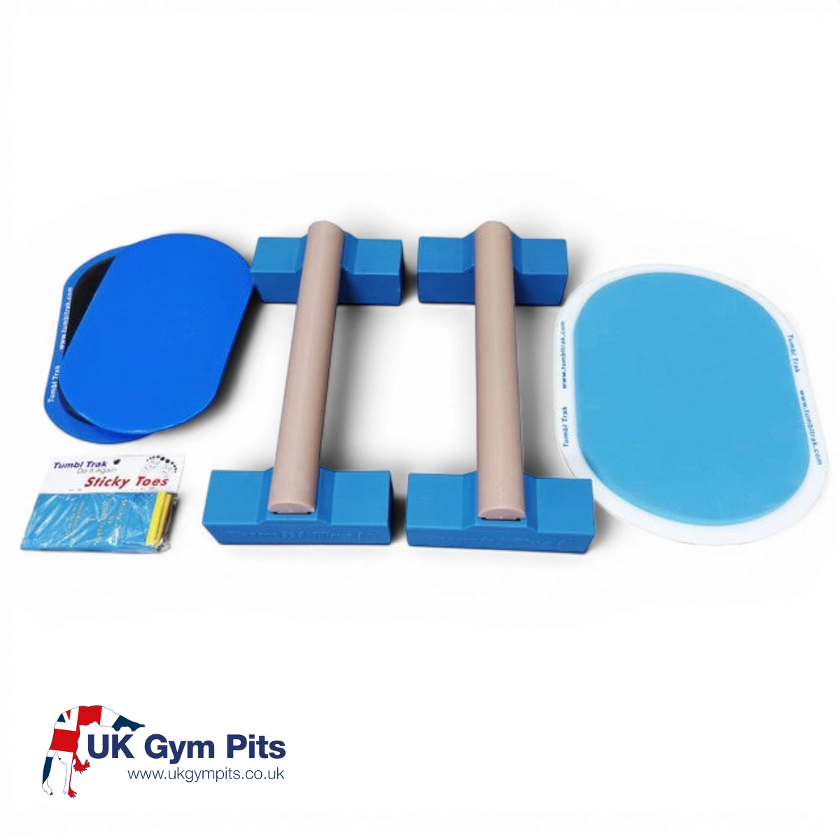 UK Gym Pits gymnastics essentials package featuring portable parallettes, standard and large sliders, and sticky toes.