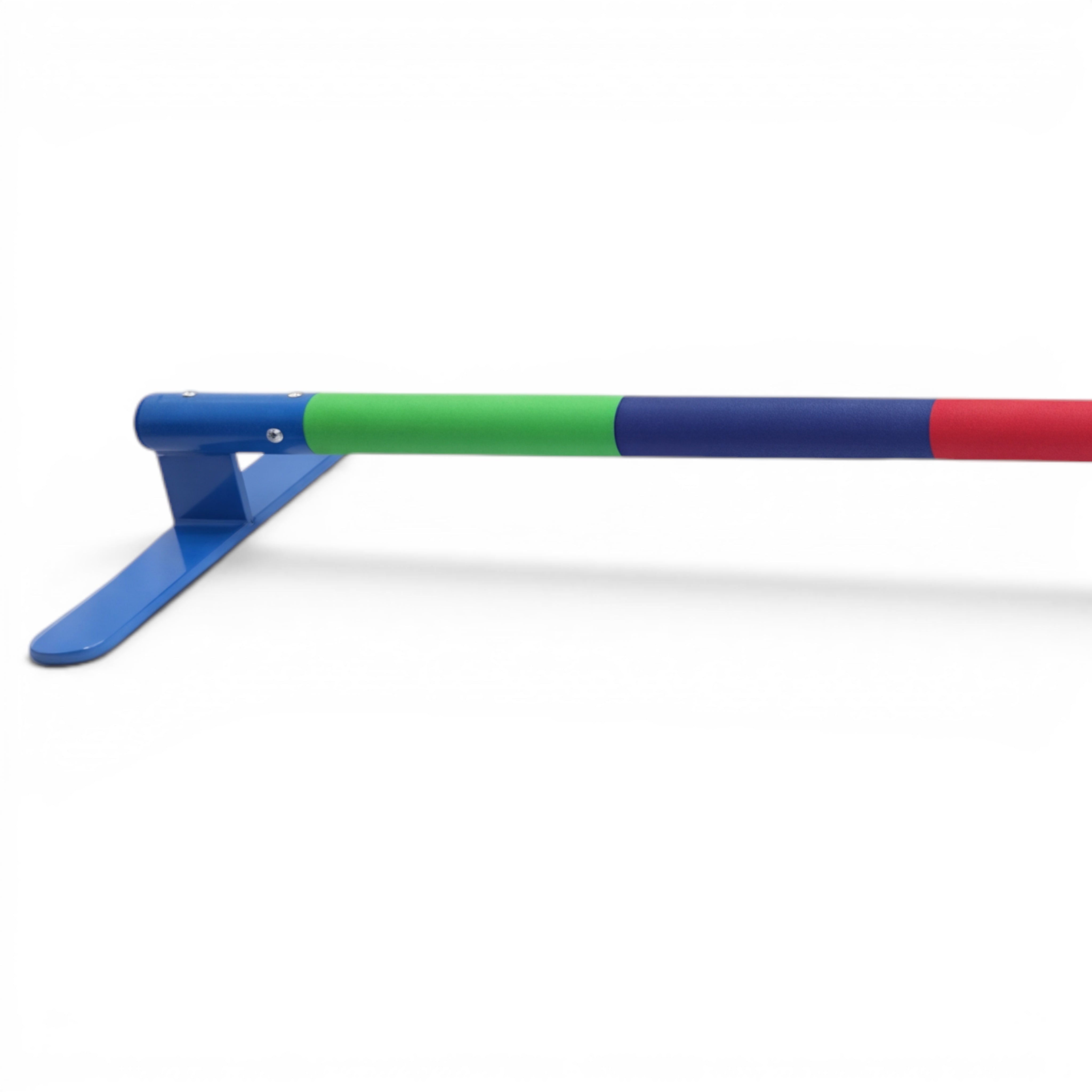 UK Gym Pits Perfect Placement gymnastics floor bar with multi-colour rubberised segments on a blue steel base