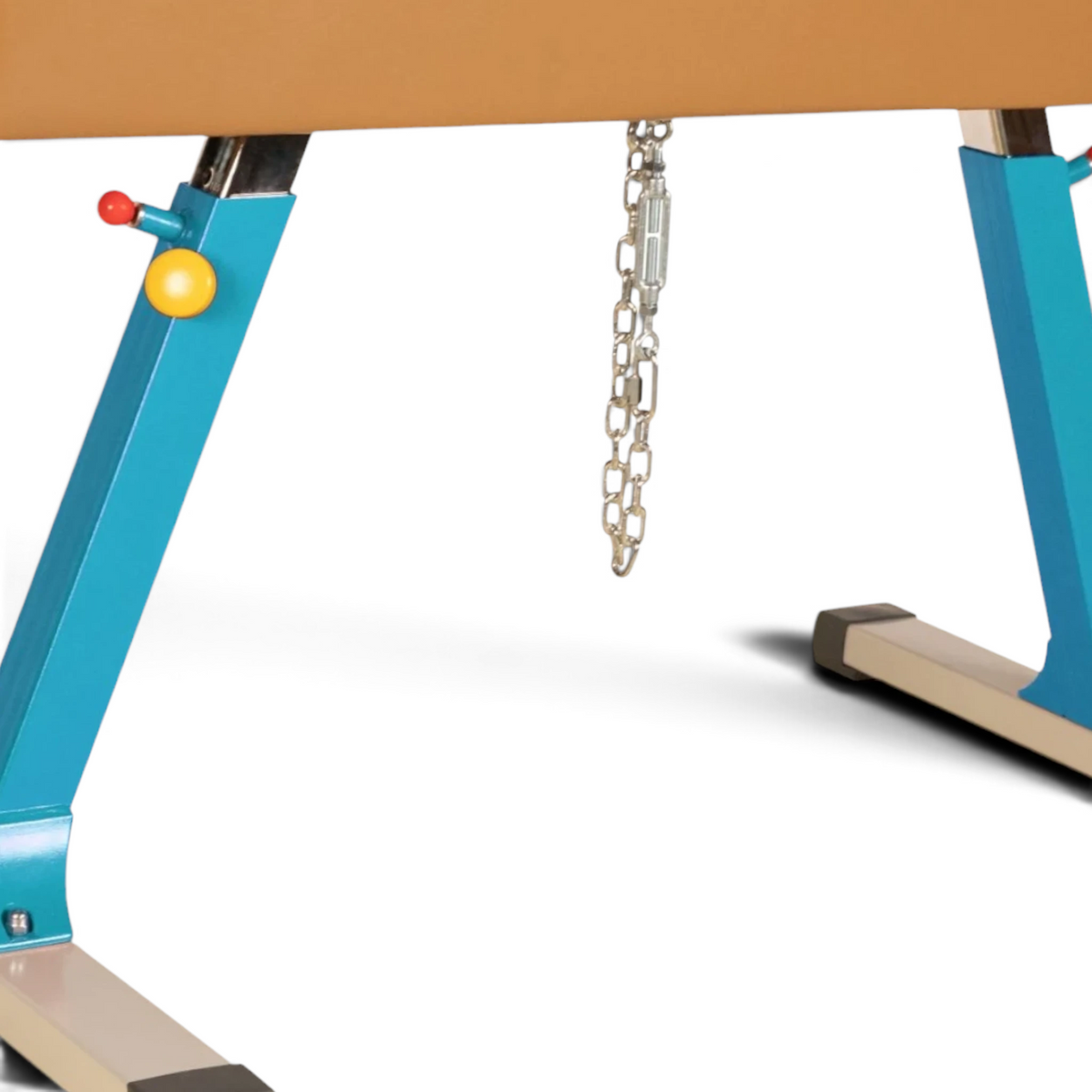 UK Gym Pits Gaofei floor chain tension system attached to a gymnastics pommel horse for secure equipment stability