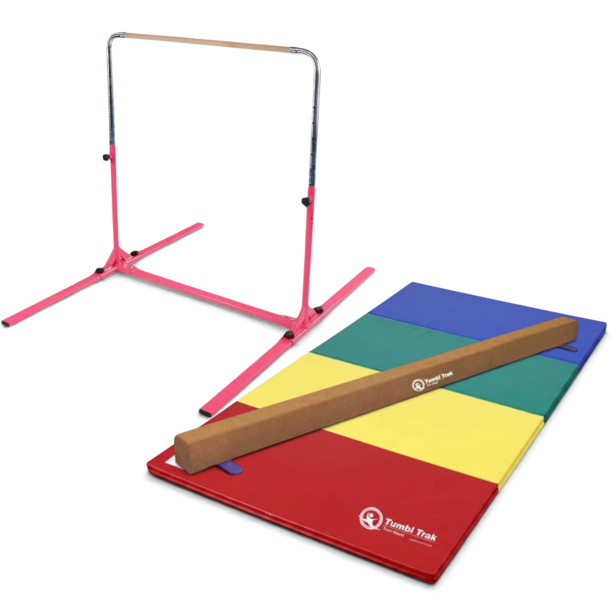 UK Gym Pits home gym essentials package with pink junior bar, suede balance beam, and multi-coloured folding mat.