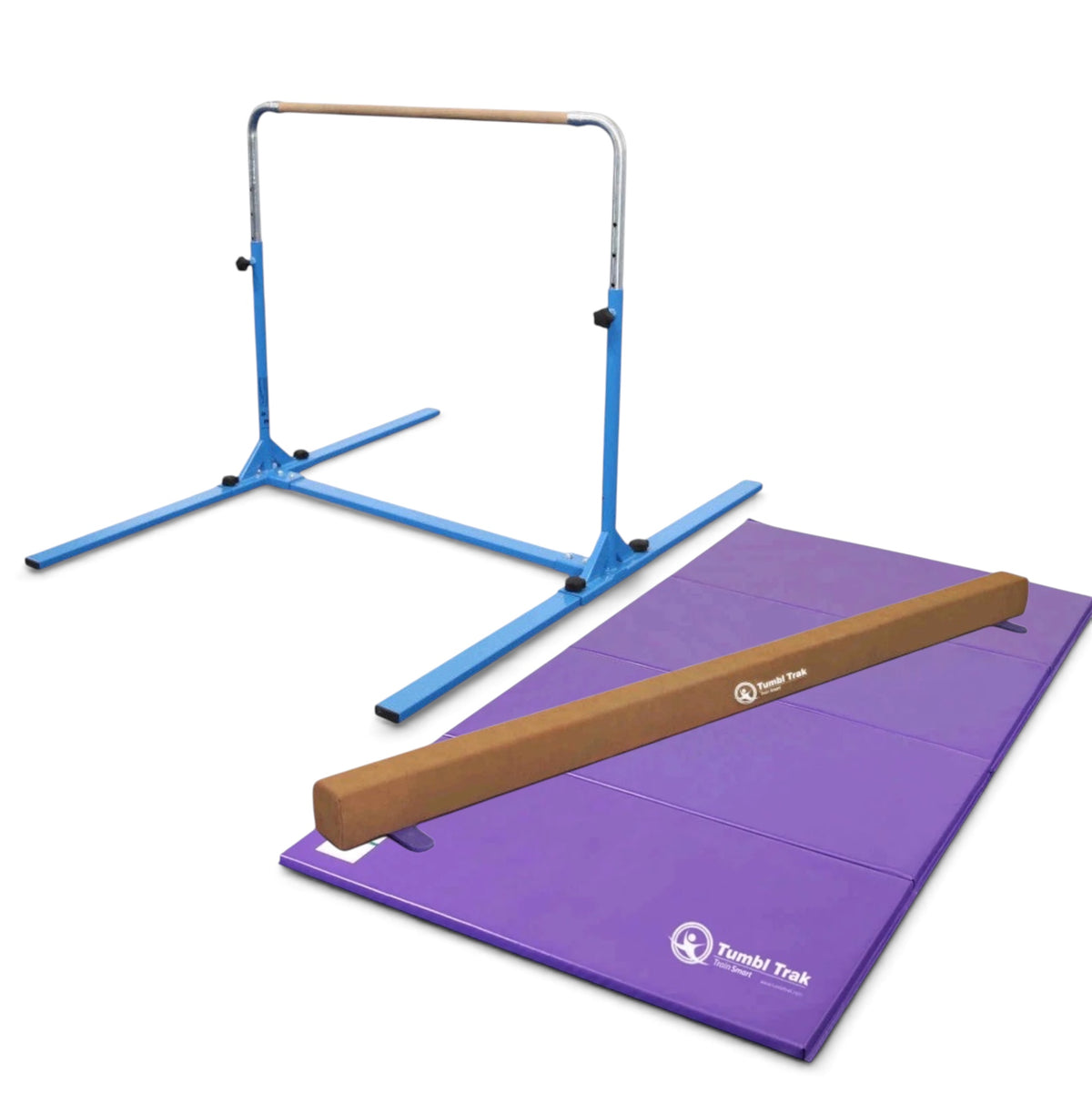 UK Gym Pits home gym essentials package featuring a blue junior bar, a brown suede balance beam, and a purple mat.