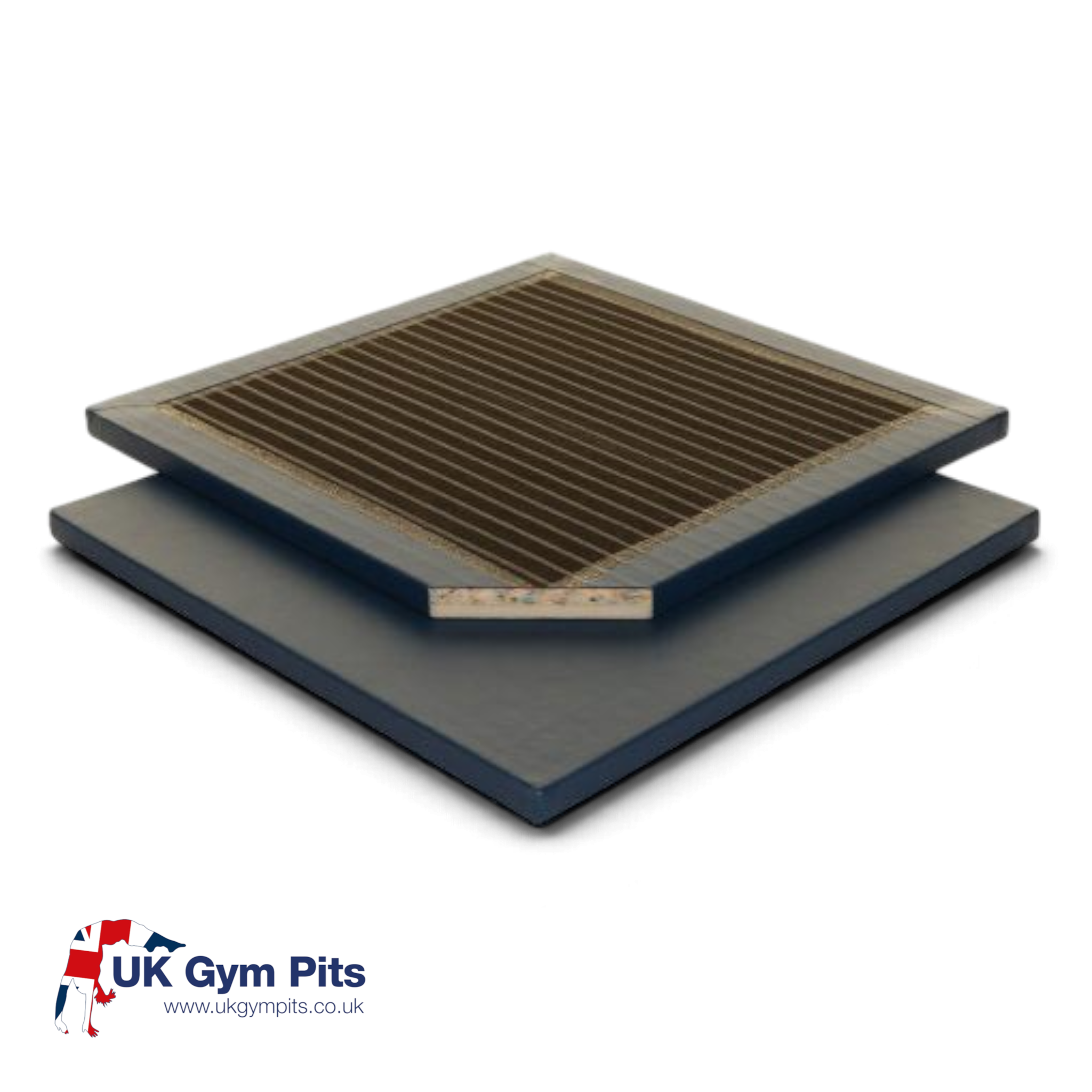 UK Gym Pits medium-weight gymnastics mat showing layered chipfoam and PU foam construction with durable PVC cover.