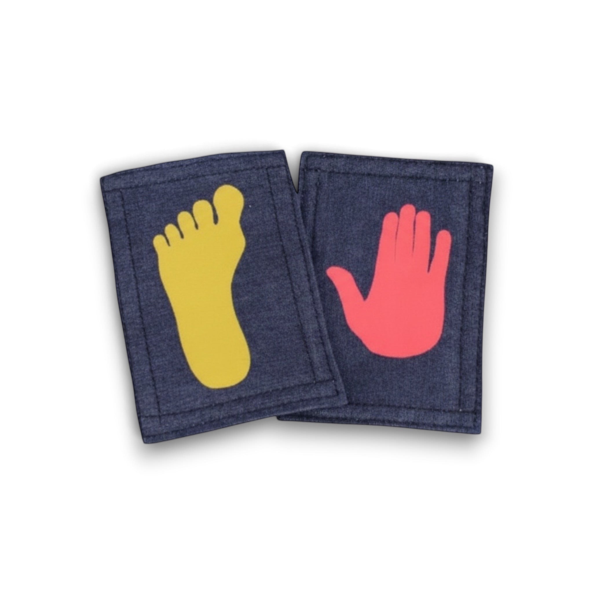 UK Gym Pits denim fabric gymnastics markers with yellow foot and red hand prints for hand and foot placement training