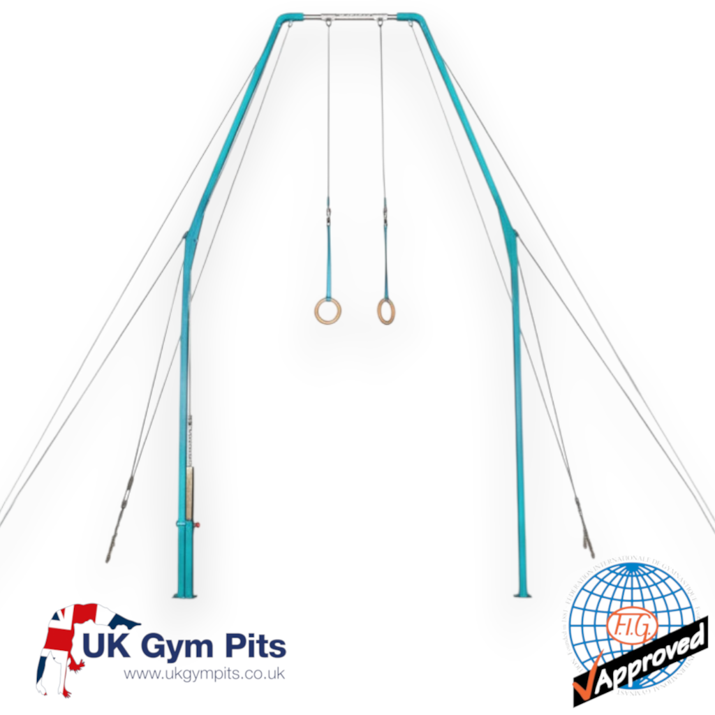 UK Gym Pits FIG approved gymnastics ring frame with adjustable height and reinforced teal tubular steel structure.