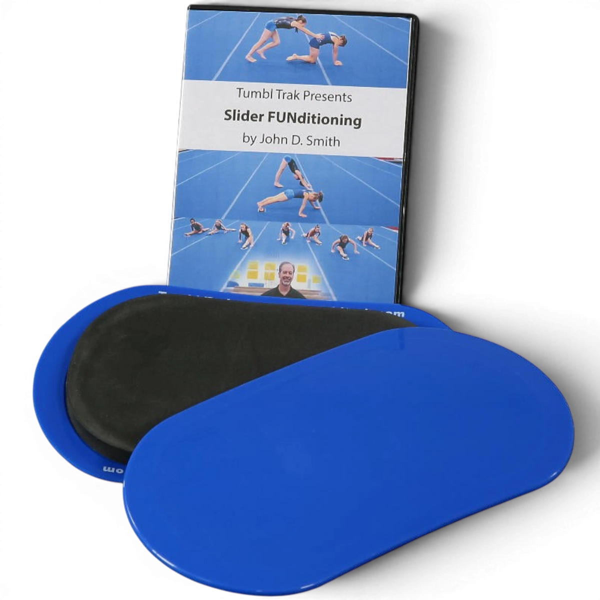UK Gym Pits gymnastics slider set with blue and charcoal conditioning sliders and an instructional training DVD