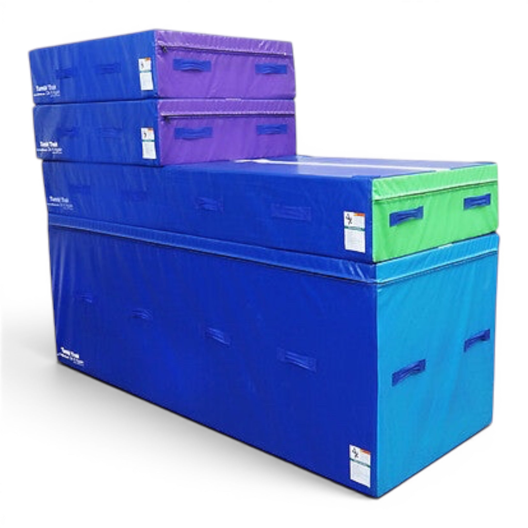 UK Gym Pits smart spotting blocks in blue, purple, and green vinyl foam for gymnastics training and skill progression