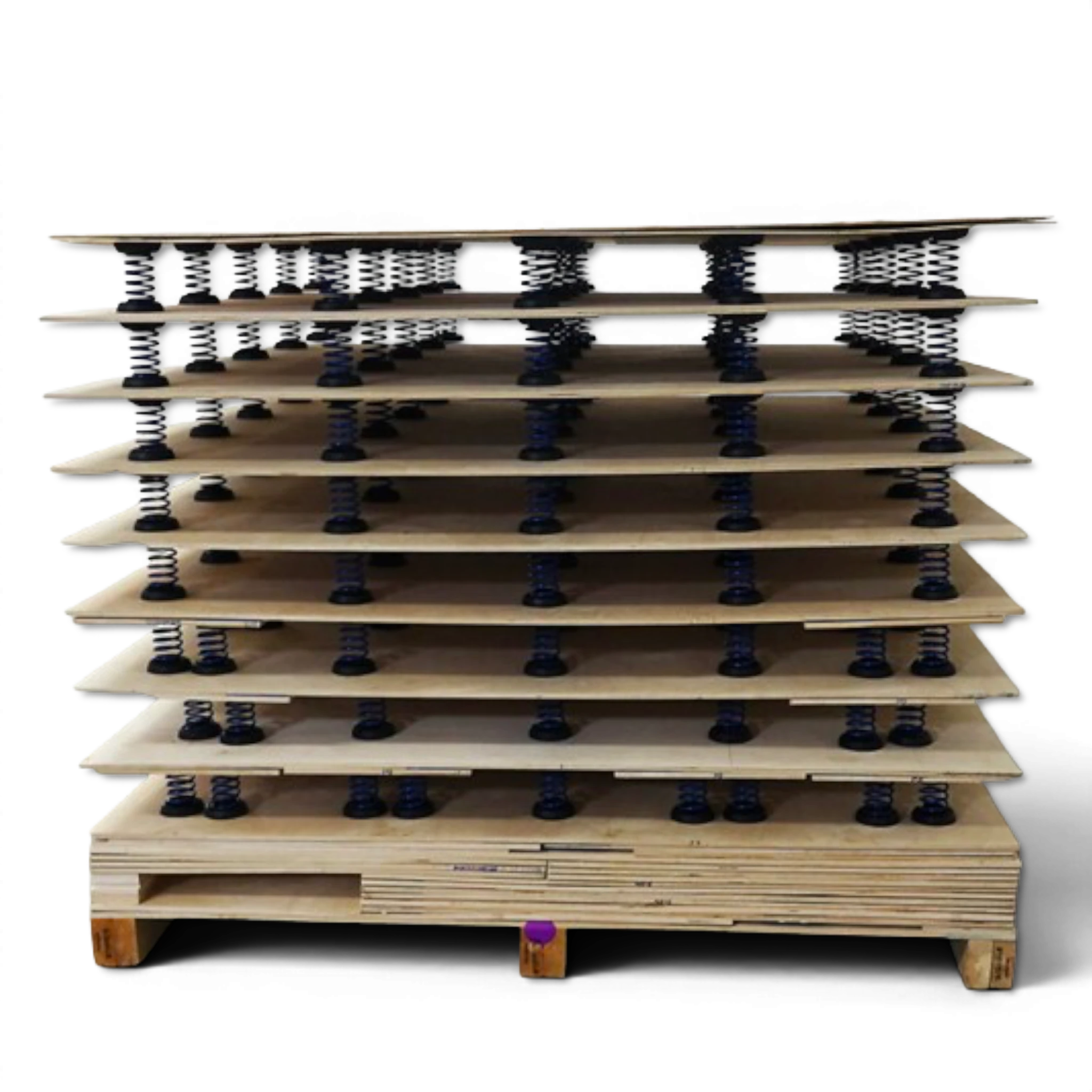 UK Gym Pits gymnastics sprung floor plywood panels stacked with high carbon steel power springs for shock absorption.