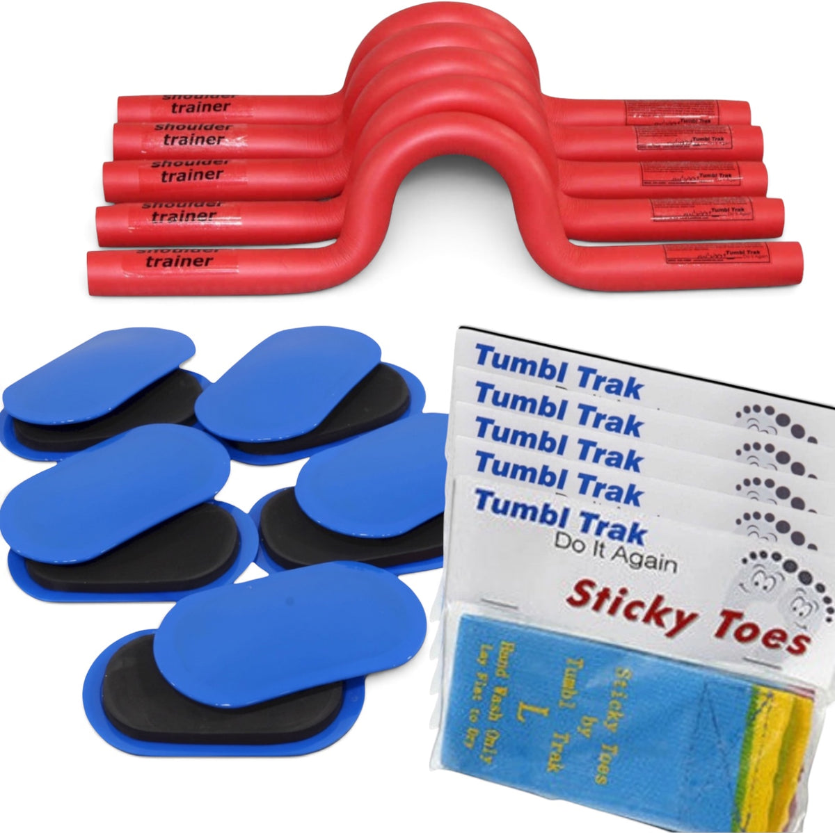 UK Gym Pits skill builder package featuring red shoulder trainers, blue sliders, and Sticky Toes training aids.