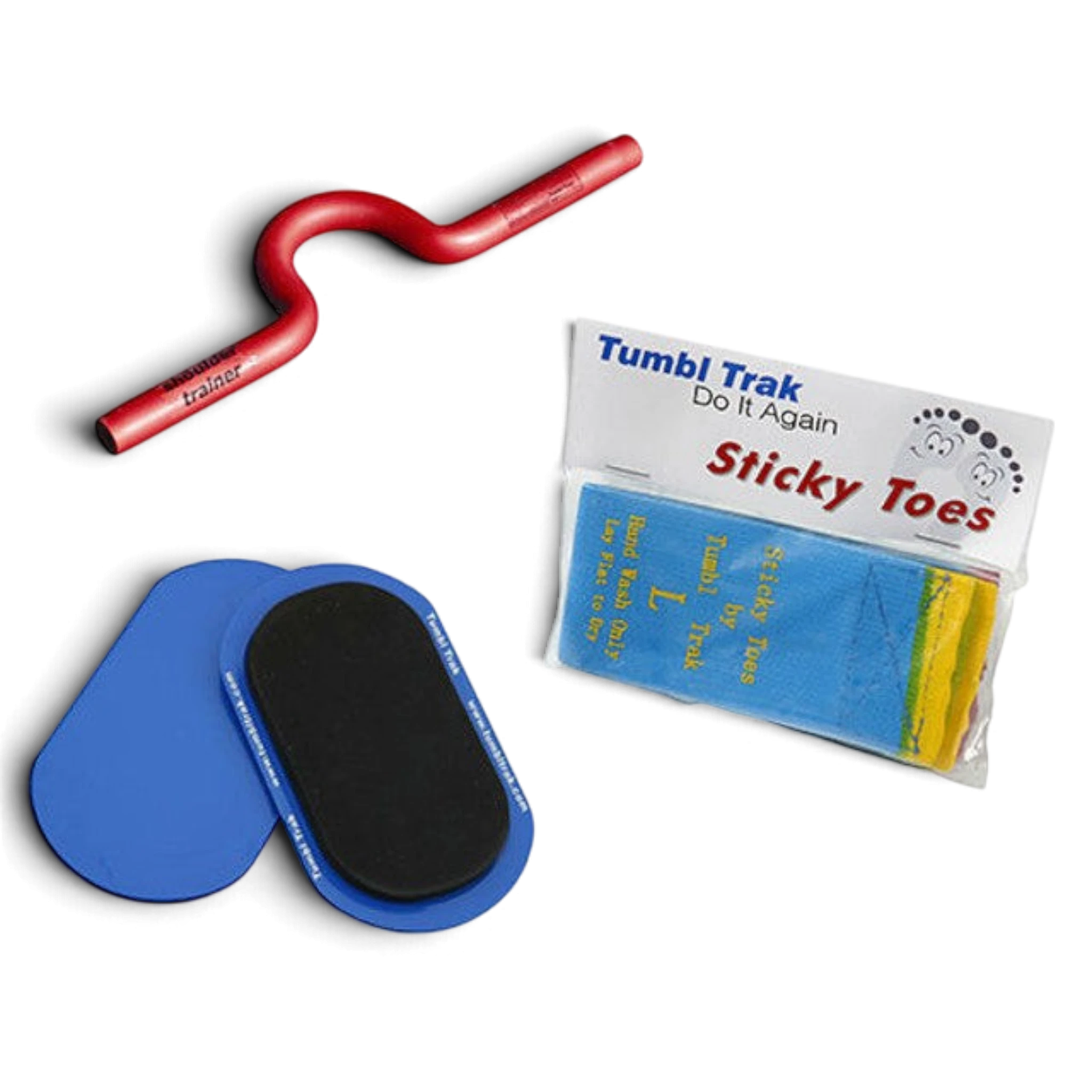 UK Gym Pits skill builder package featuring a red shoulder trainer, blue sliders, and Sticky Toes training straps.