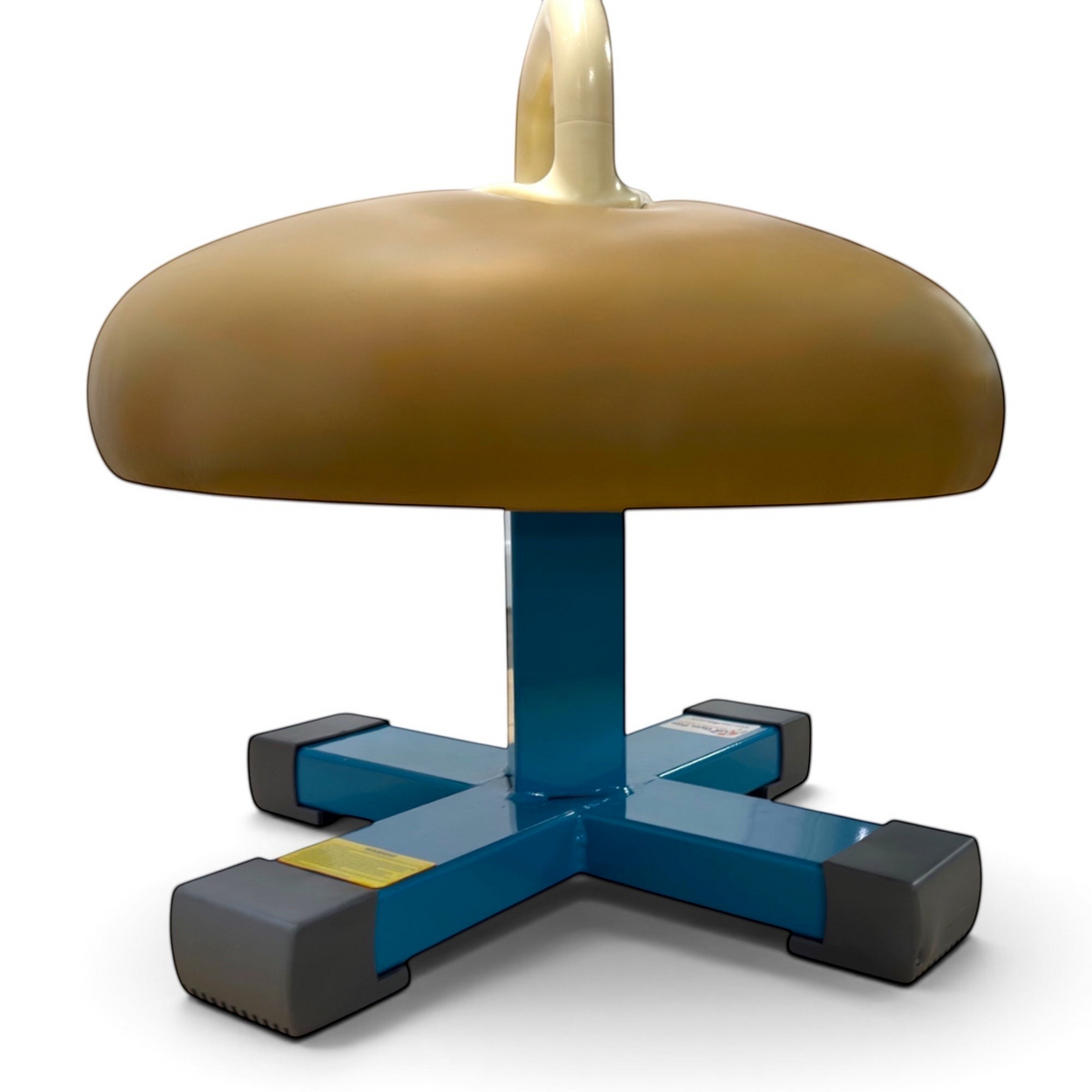 UK Gym Pits Gaofei gymnastics training mushroom with one pommel, tan leatherette body, and blue steel base.