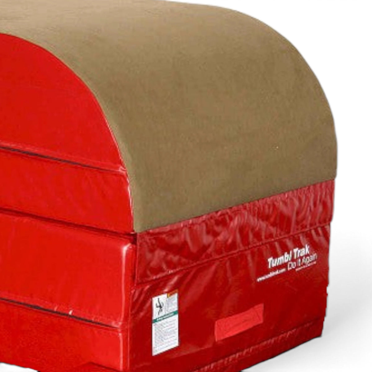 UK Gym Pits gymnastics vault block with red vinyl base and tan synthetic suede topper for training air time