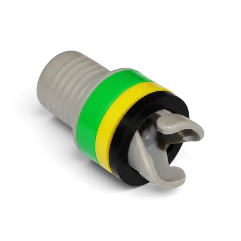 UK Gym Pits dual action hand pump valve adapter with green, yellow, and black rings for inflatable equipment