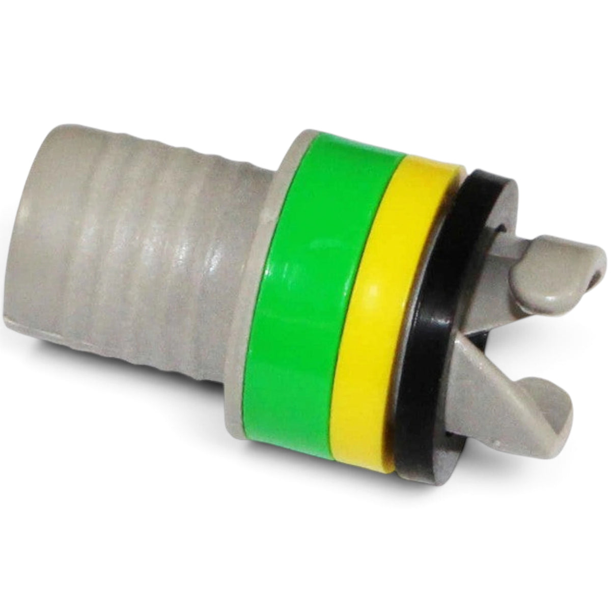 UK Gym Pits dual action hand pump valve adapter with grey, green, yellow, and black plastic components.