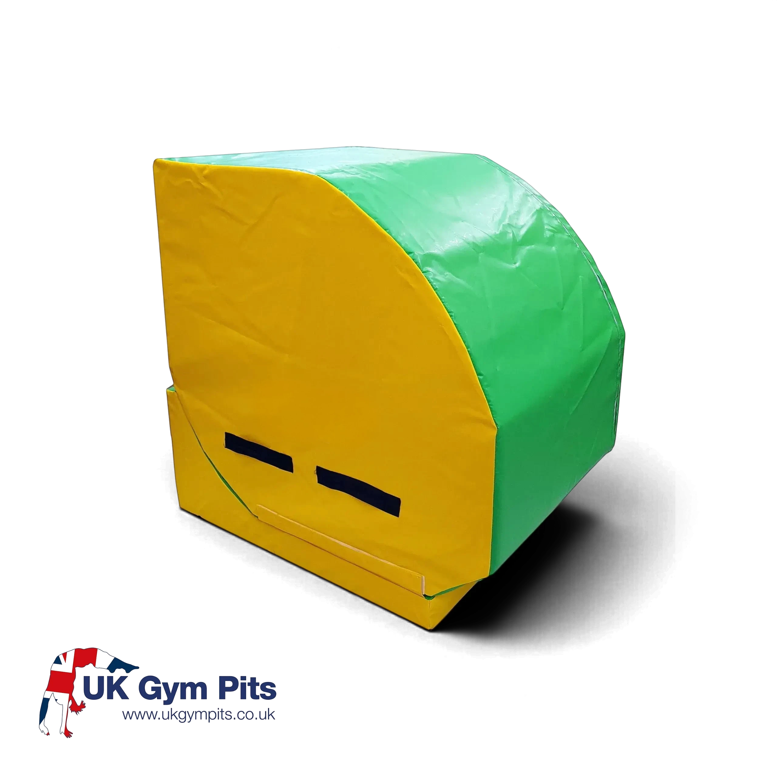 UK Gym Pits yellow and green foam handspring trainer wedge with carry handles for gymnastics training