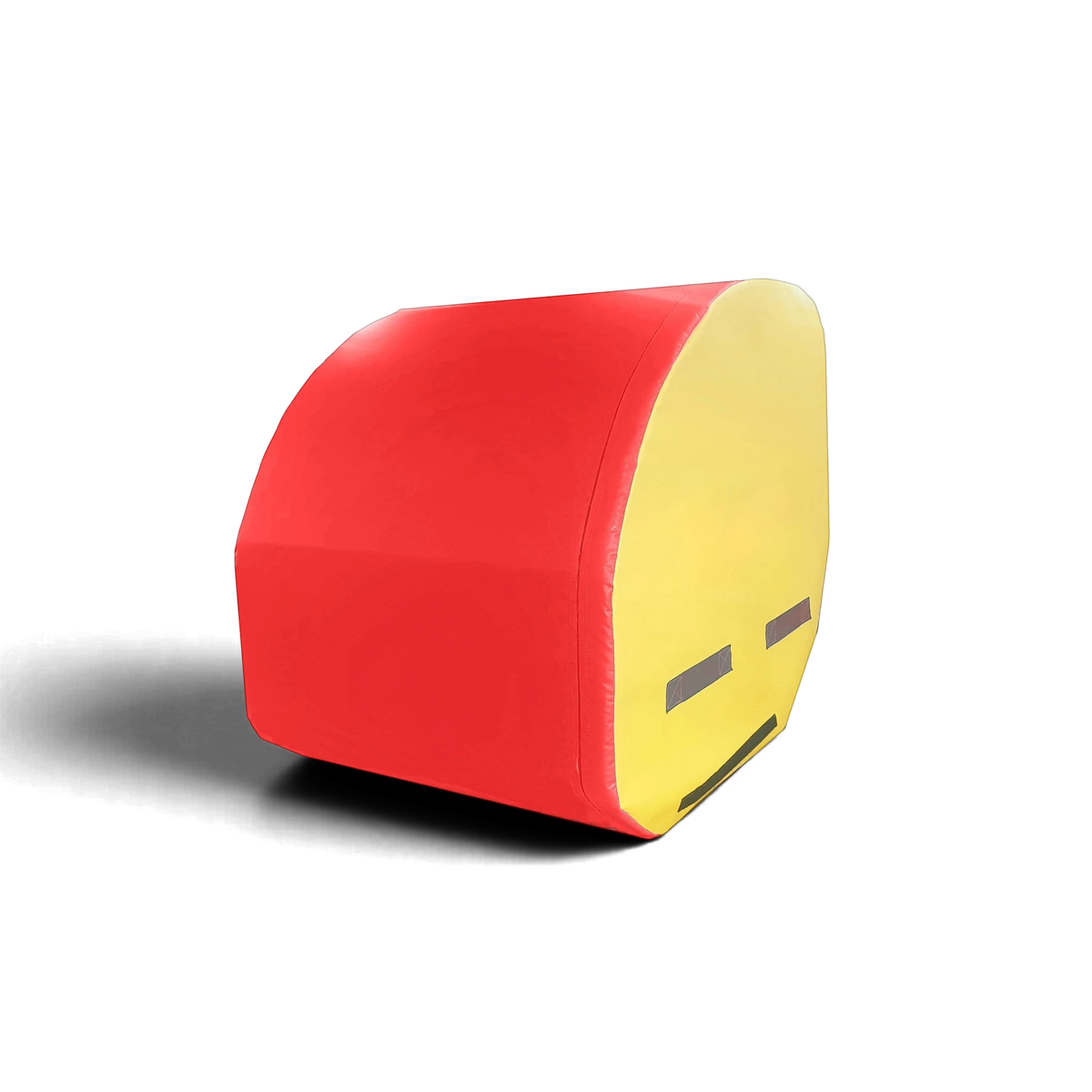 UK Gym Pits red and yellow wedge-shaped foam handspring trainer with side handles for gymnastics training