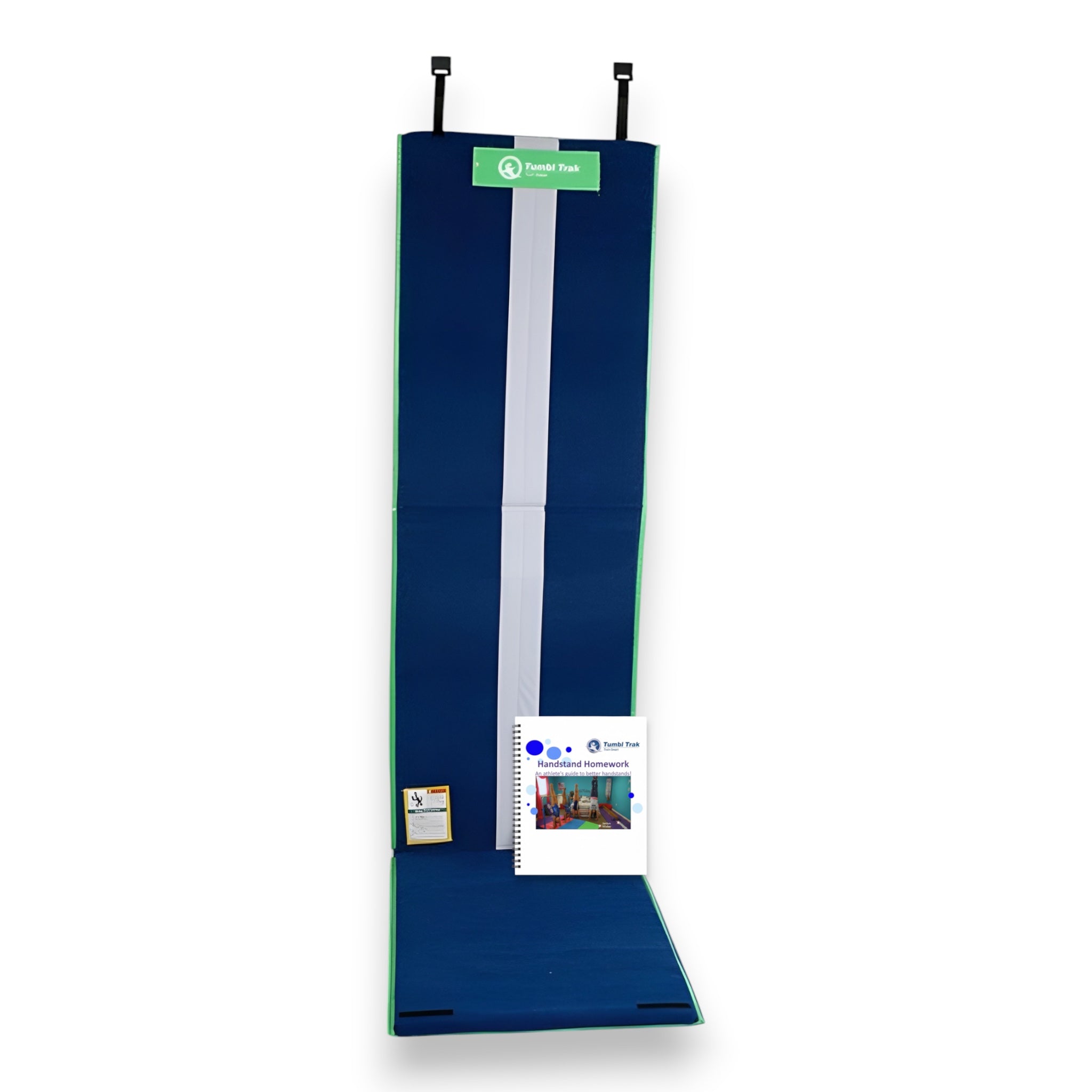 UK Gym Pits Handstand Homework book and blue folding gymnastics mat for training handstand shapes