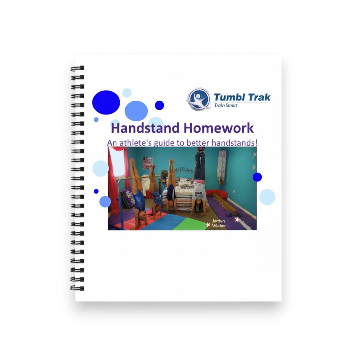 UK Gym Pits Handstand Homework workbook cover featuring gymnasts practicing handstands on a training mat