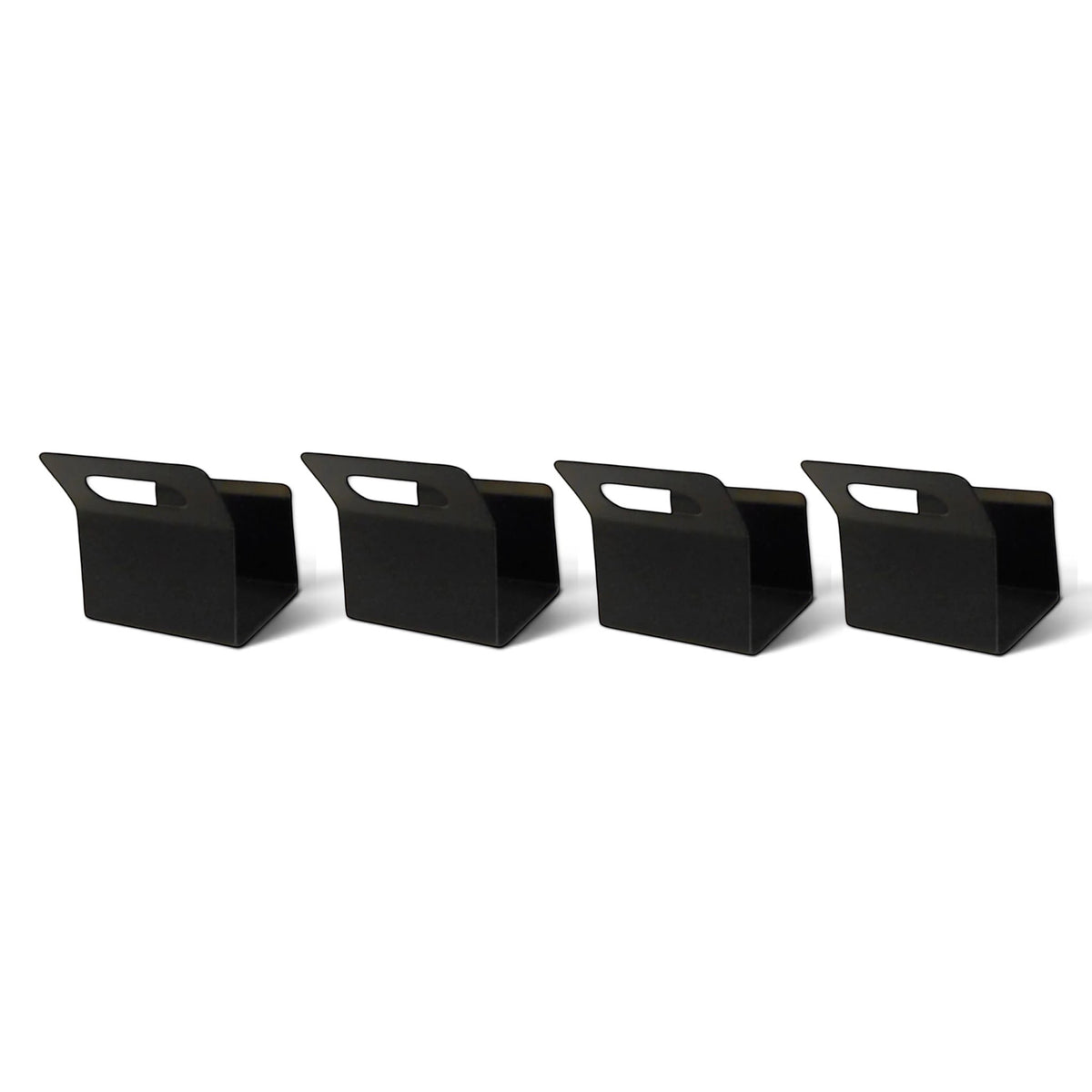 Set of four black UK Gym Pits replacement door clips for handstand homework mats, designed for thin doors.