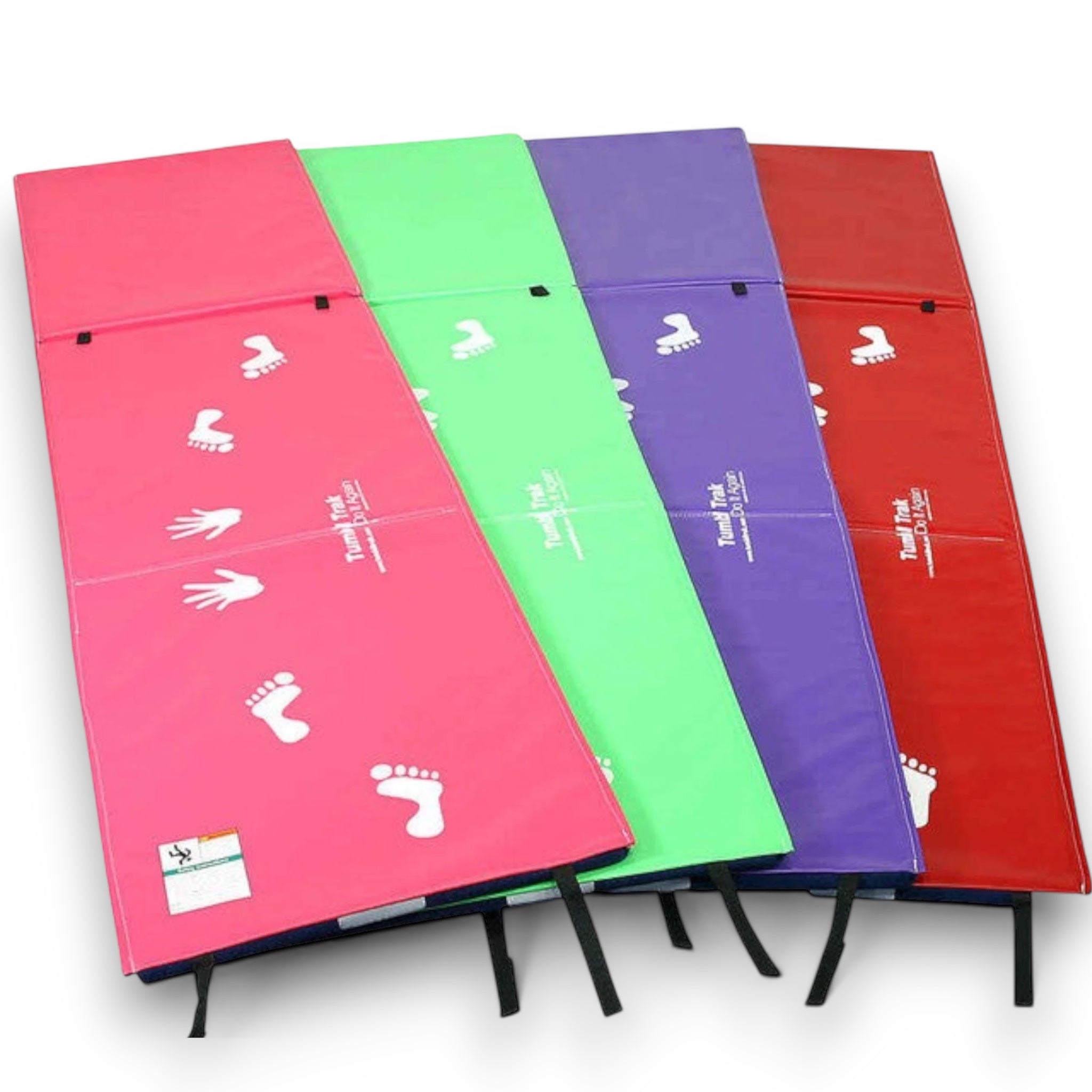 UK Gym Pits Handstand Homework mats in pink, green, purple, and red with cartwheel hand and foot print designs.