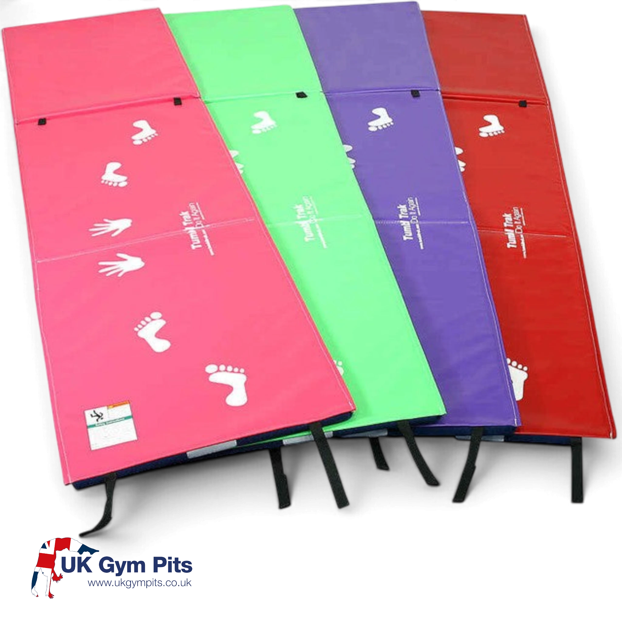 UK Gym Pits handstand homework mats in pink, green, purple, and red vinyl with white cartwheel hand and foot prints.