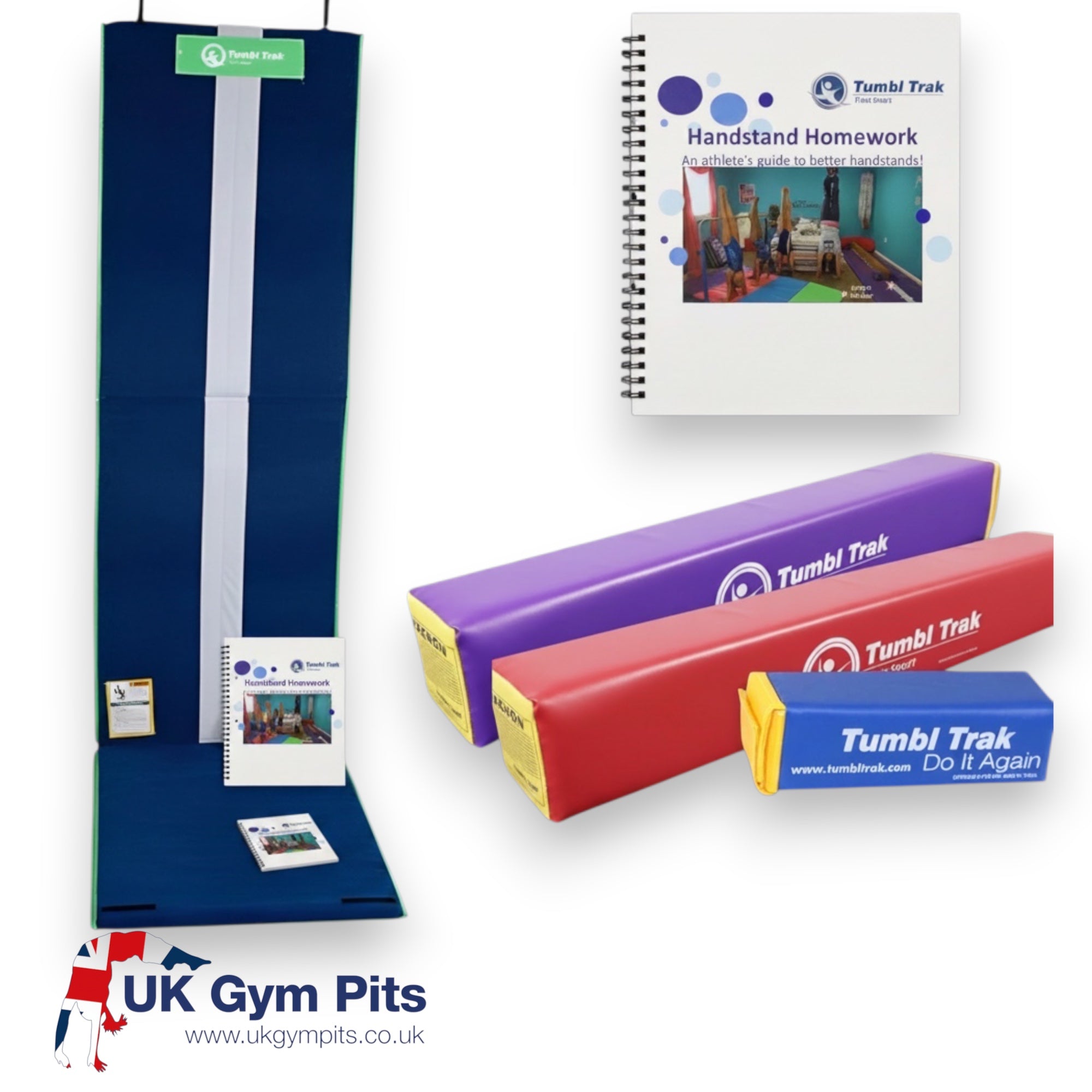 UK Gym Pits Handstand Homework Package 2 with training mat, instructional workbook, and three foam fun sticks.