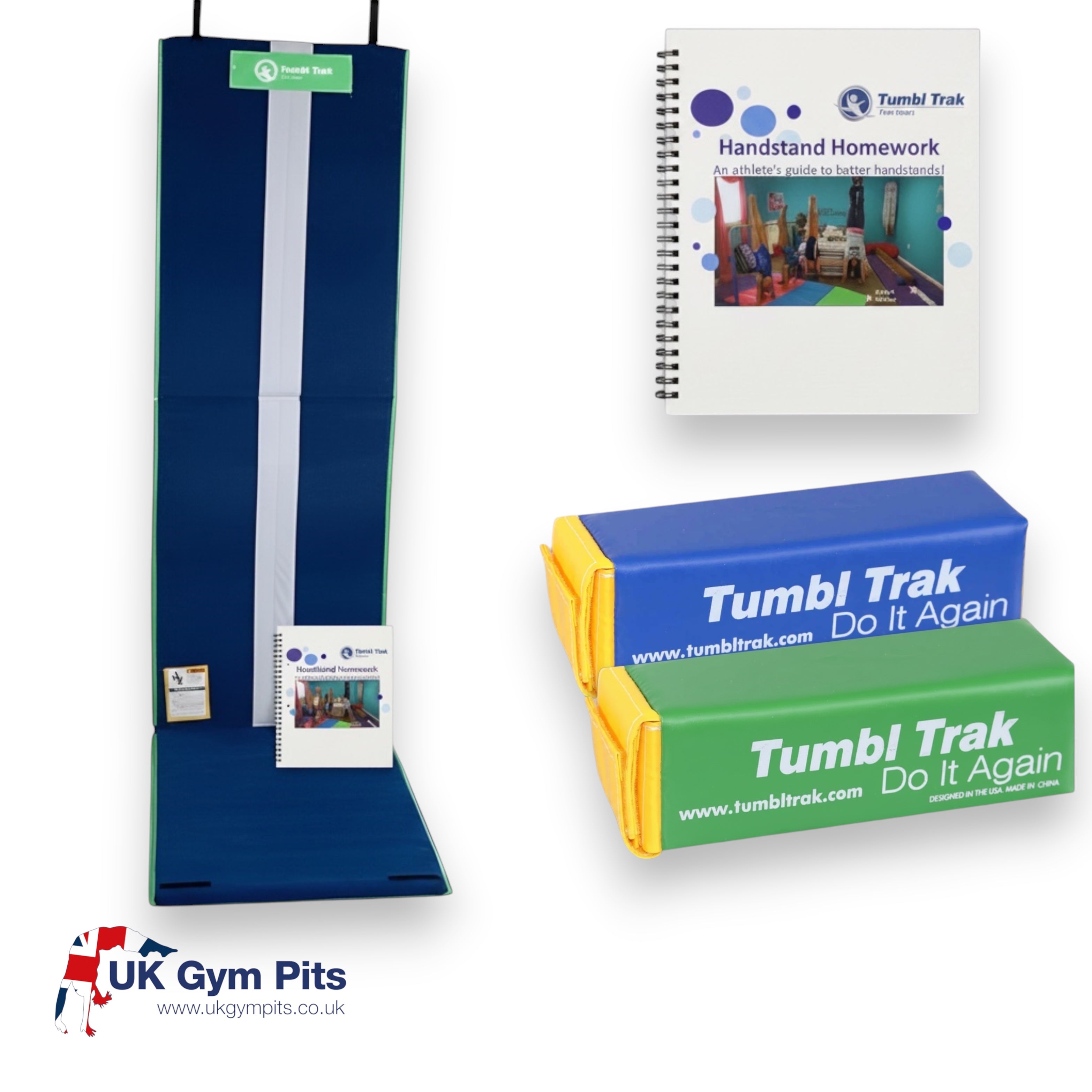 UK Gym Pits Handstand Homework Package 1 with reversible mat, instructional workbook, and two foam fun sticks.