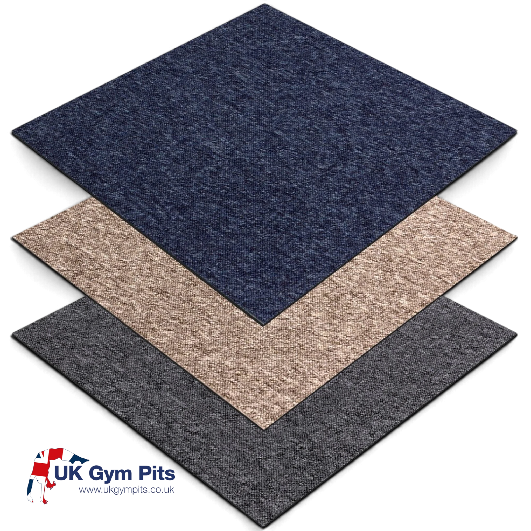 UK Gym Pits heavy duty square carpet tiles in blue, beige, and grey for gym podium floors and access steps.