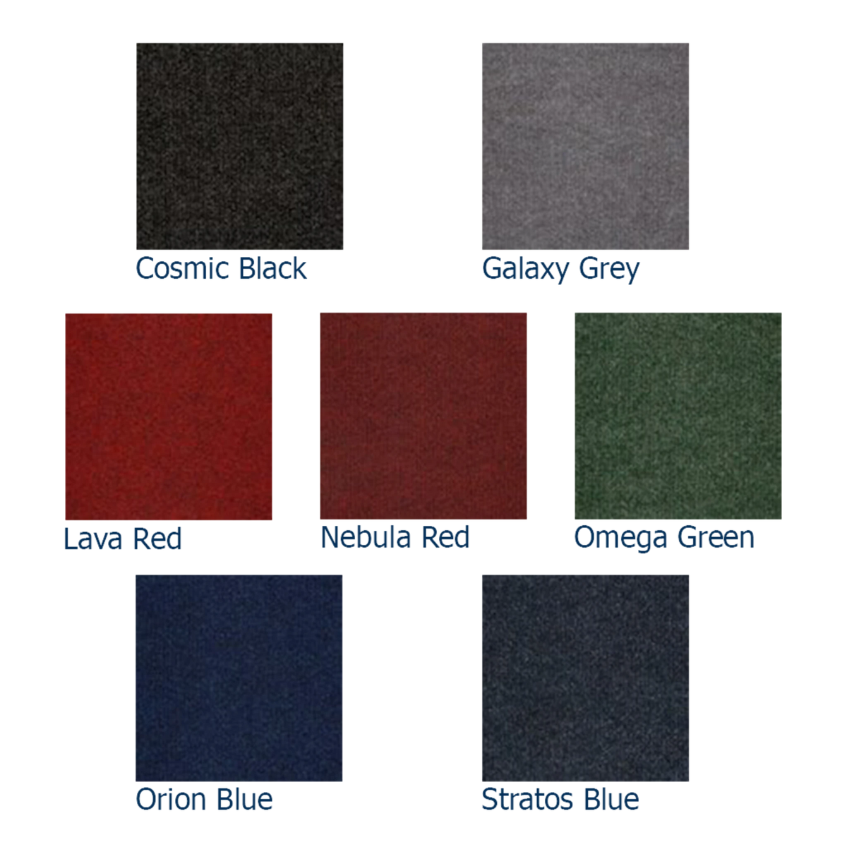UK Gym Pits heavy duty carpet tiles in seven assorted colours including black, grey, red, green, and blue shades.